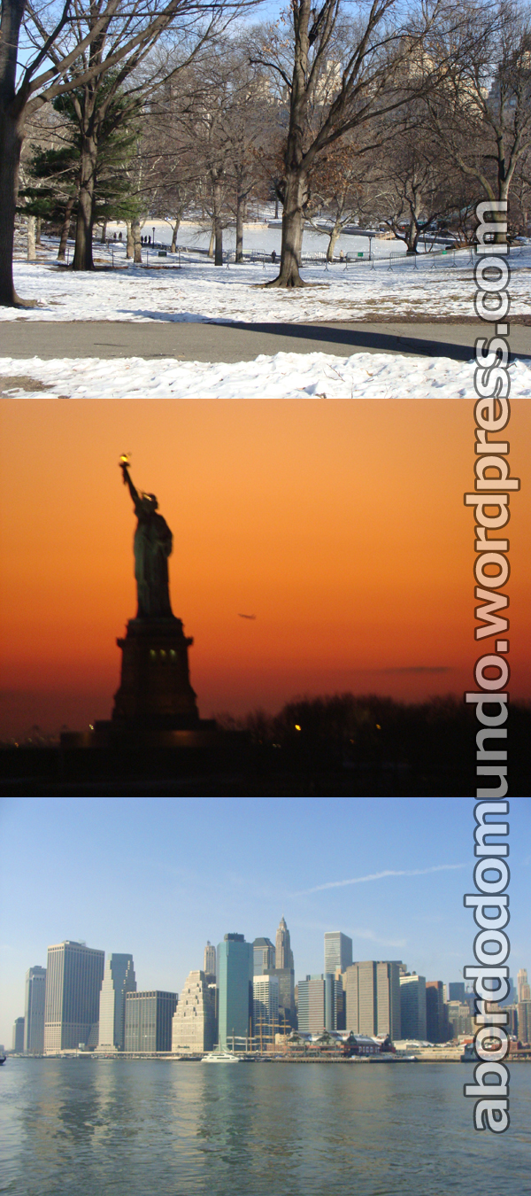 Central Park nevado, Estatua da Liberdade ao pôr-do-sol e Skyline de NY