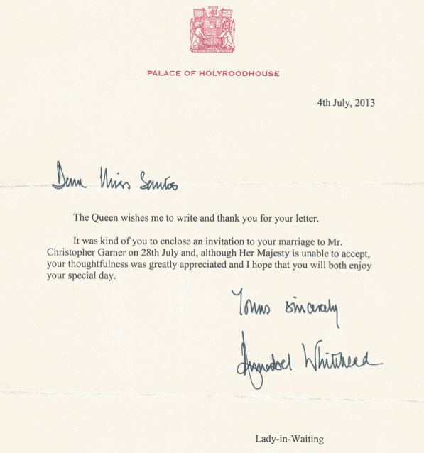 Carta recebida do Palácio real inglês com votos de casamento