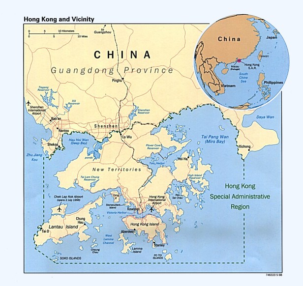 Mapa de Hong Kong e sua localização na China. Fonte: http://vlib.iue.it/history/asia/China/