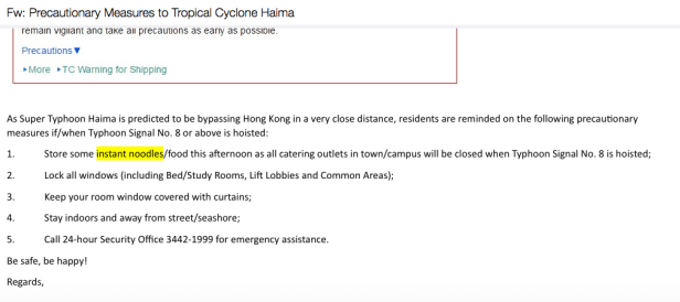 Email recebido a universidade com recomendações, como estocar noodles.